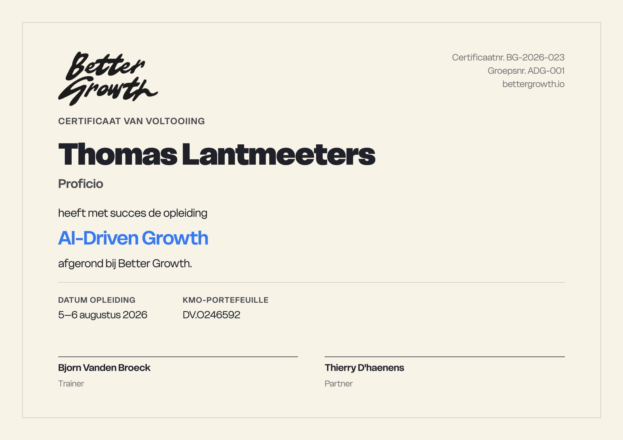 Certificaat Thomas Lantmeeters — AI-Driven Growth Certificate