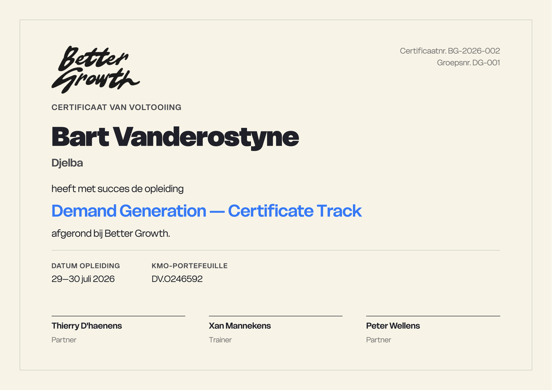 Certificaat Bart Vanderostyne — Demand Generation Certificate