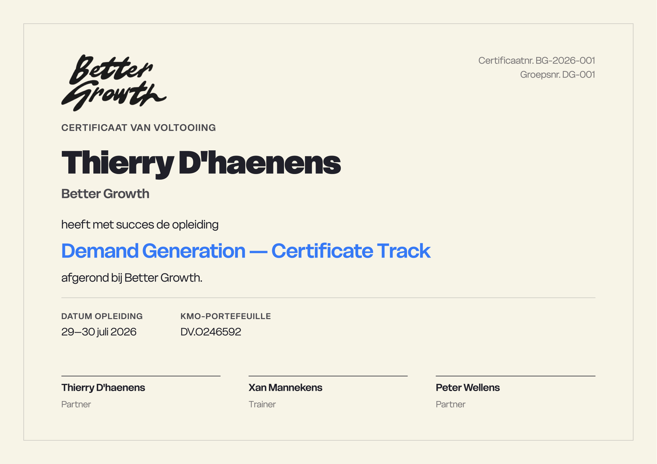 Voorbeeld van het Better Growth Certificaat